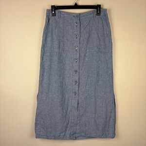 Talbots Blue Linen Button-Front Maxi Skirt Coastal Cottagecore